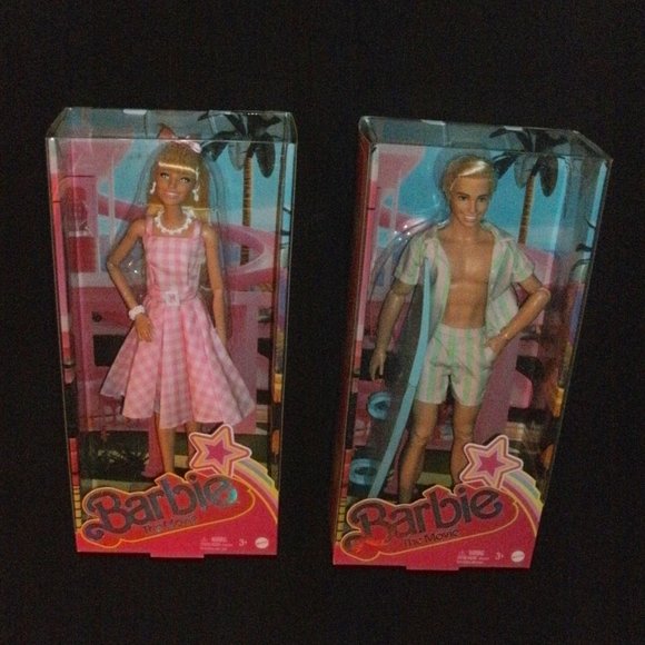 NWT SET BARBIE LAND MOVIE DOLL Margot Robbie Gingham Dress KEN